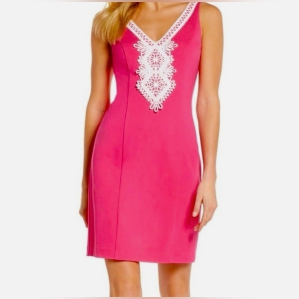 Eliza J Embroidered V-Neck Shift Dress Bright Barbie Pink Sleeveless Ponte EUC - Picture 5 of 11